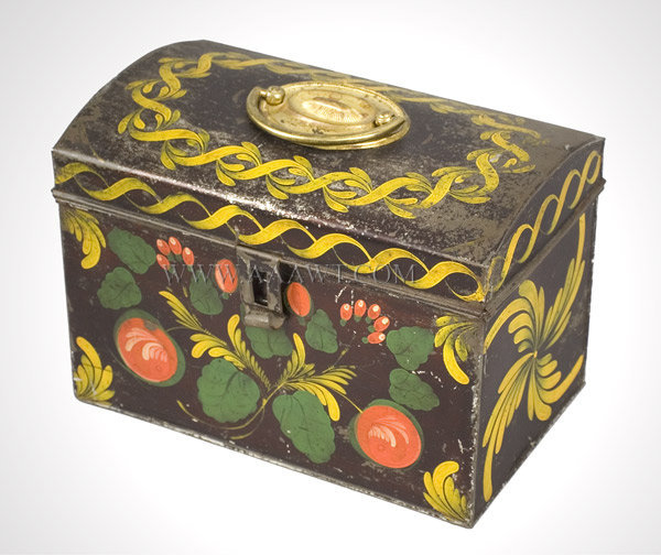 American Painted Tin Trunk, Tole Painted Box, Original Brass Handle, Excellent
Connecticut
Early 19th Century, entire view